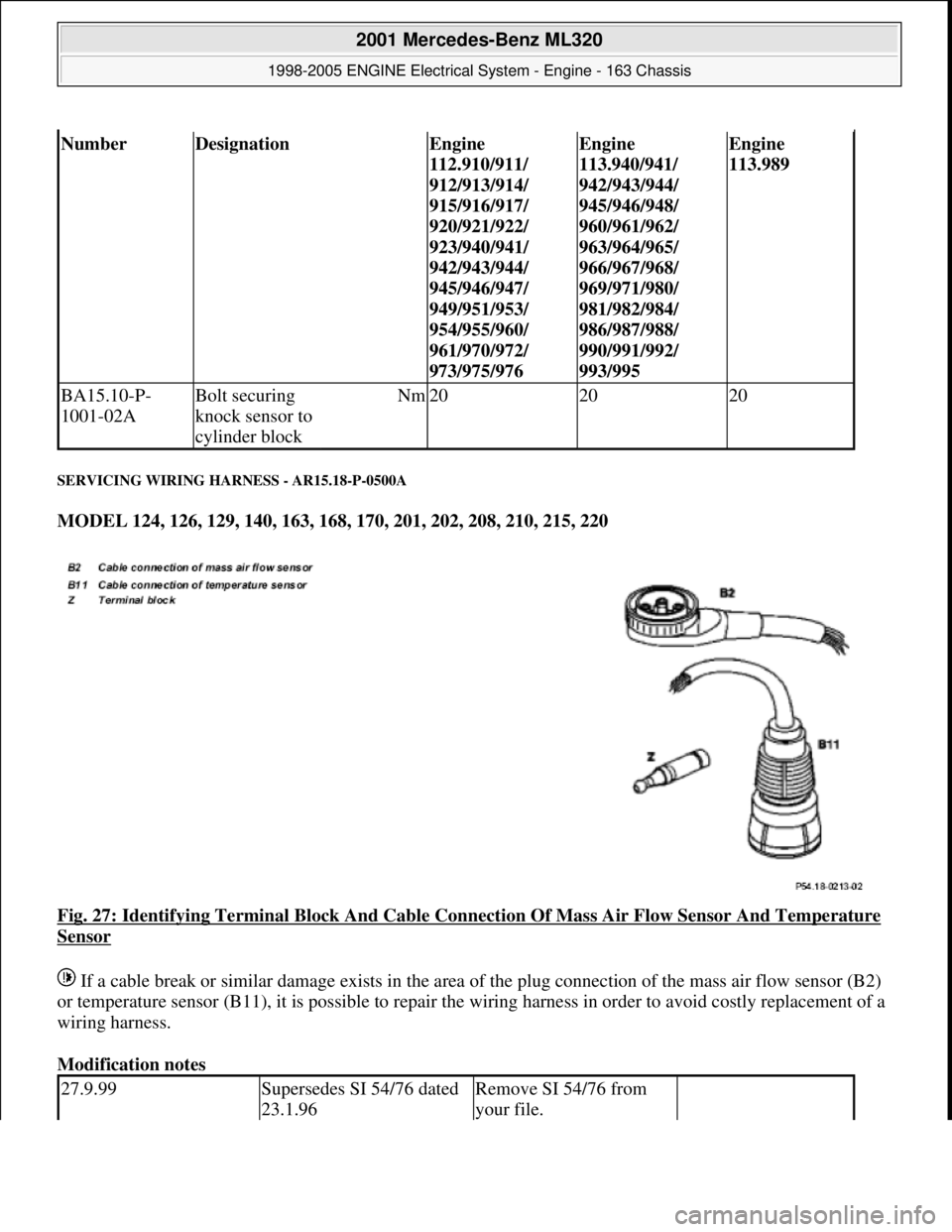MERCEDES-BENZ ML320 1997  Complete Repair Manual SERVICING WIRING HARNESS - AR15.18-P-0500A 
MODEL 124, 126, 129, 140, 163, 168, 170, 201, 202, 208, 210, 215, 220  
Fig. 27: Identifying Terminal Block And Cable Connection Of Mass Air Flow Sensor And
