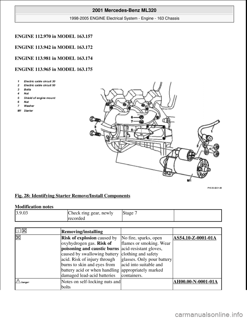 MERCEDES-BENZ ML320 1997  Complete Repair Manual ENGINE 112.970 in MODEL 163.157  
ENGINE 113.942 in MODEL 163.172  
ENGINE 113.981 in MODEL 163.174  
ENGINE 113.965 in MODEL 163.175  
Fig. 28: Identifying Starter Remove/Install Components
 
Modific