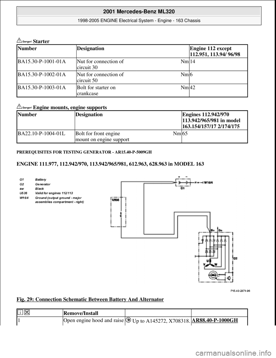 MERCEDES-BENZ ML320 1997  Complete Repair Manual  Starter 
 Engine mounts, engine supports 
PREREQUISITES FOR TESTING GENERATOR - AR15.40-P-5009GH 
ENGINE 111.977, 112.942/970, 113.942/965/981, 612.963, 628.963 in MODEL 163  
Fig. 29: Connection Sch