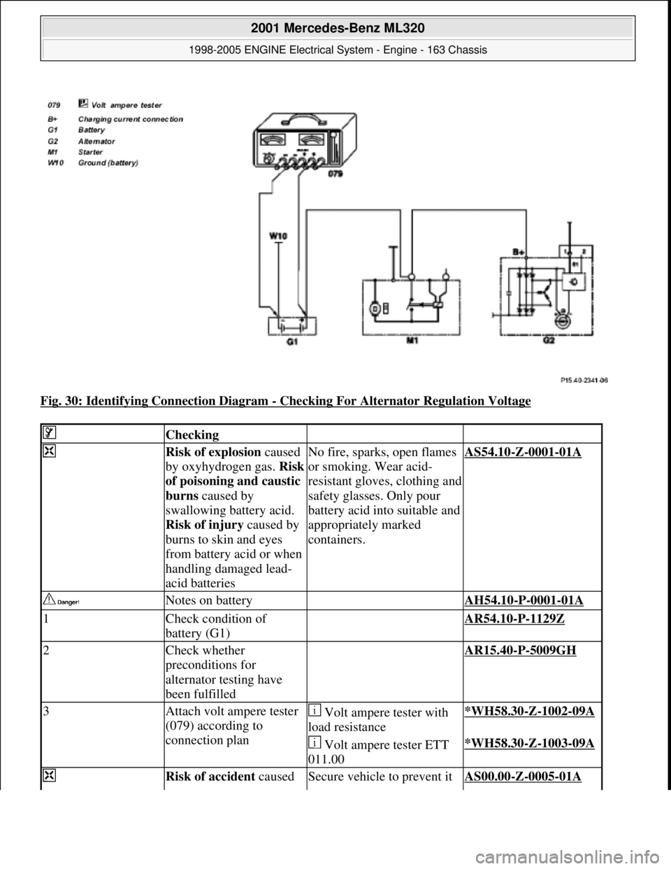 MERCEDES-BENZ ML320 1997  Complete Repair Manual Fig. 30: Identifying Connection Diagram - Checking For Alternator Regulation Voltage 
 Checking   
 Risk of explosion caused 
by oxyhydrogen gas. Risk 
of poisoning and caustic 
burns caused by 
swall