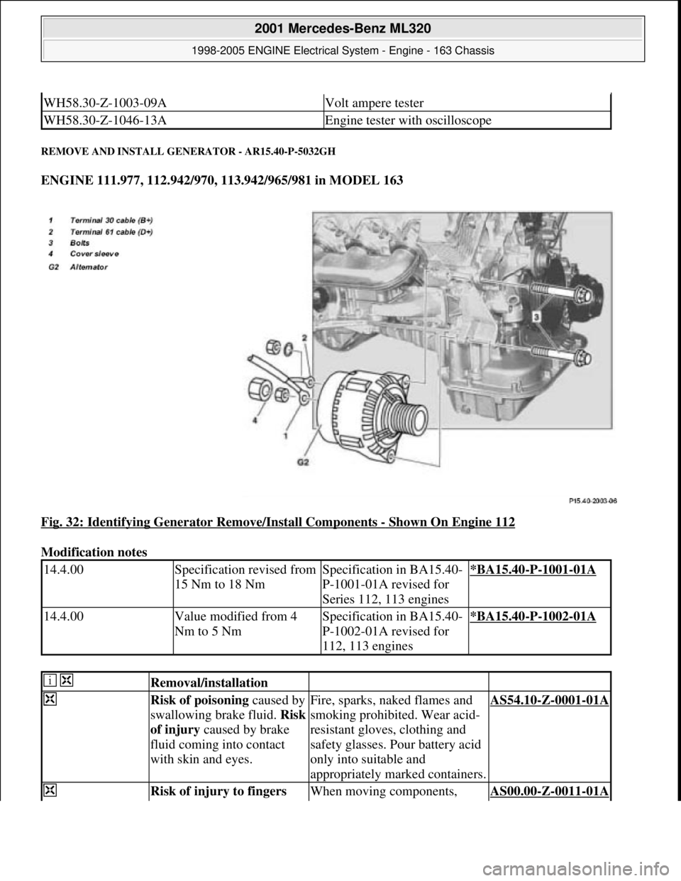MERCEDES-BENZ ML320 1997 Complete Repair Manual REMOVE AND INSTALL GENERATOR - AR15.40-P-5032GH
ENGINE 111.977, 112.942/970, 113.942/965/981 in MODEL 163
Fig. 32: Identifying Generator Remove/Install Components
- Shown On Engine 112
Modificati MERCEDES-BENZ ML320 1997 Complete Repair Manual REMOVE AND INSTALL GENERATOR - AR15.40-P-5032GH
ENGINE 111.977, 112.942/970, 113.942/965/981 in MODEL 163
Fig. 32: Identifying Generator Remove/Install Components
- Shown On Engine 112
Modificati