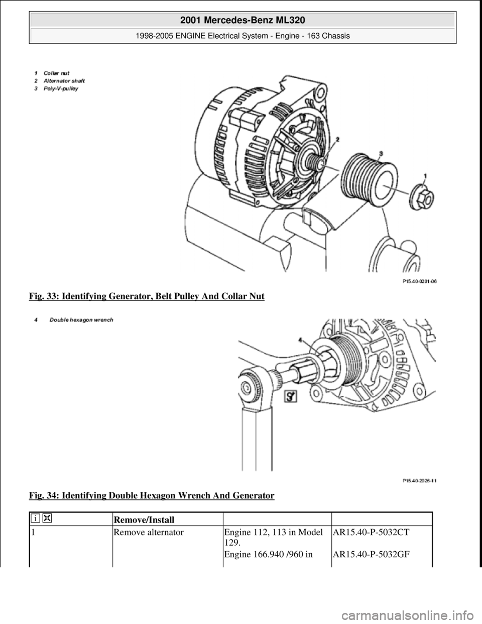 MERCEDES-BENZ ML320 1997  Complete Repair Manual Fig. 33: Identifying Generator,  Belt Pulley And Collar Nut  
Fig. 34: Identifying Double He  xagon Wrench And Generator
 
  Remove/Install   
1Remove alternatorEngine 112, 113 in Model  
129.AR15.40-