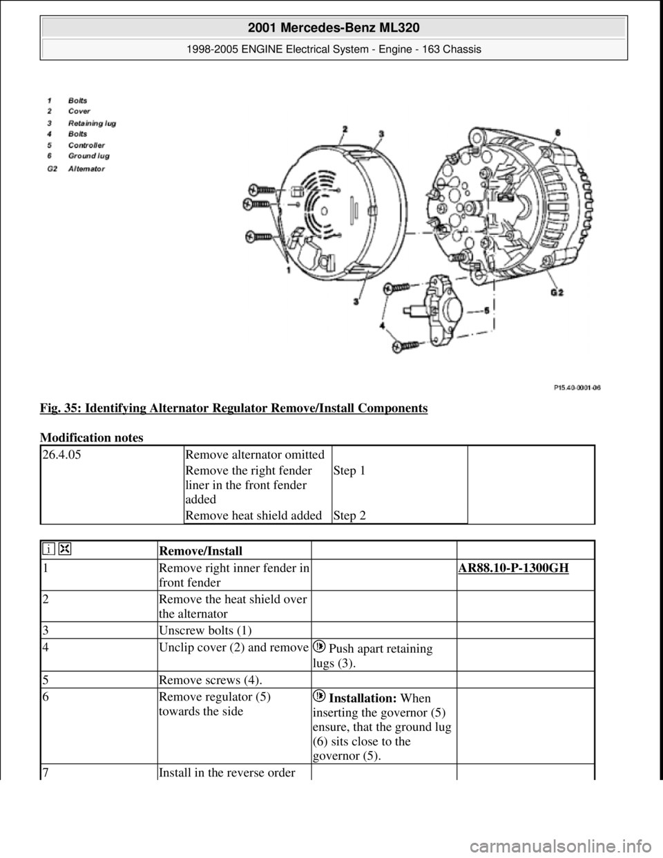 MERCEDES-BENZ ML320 1997  Complete Repair Manual Fig. 35: Identifying Alternator Regulator Remove/Install Components 
Modification notes 
26.4.05Remove alternator omitted  
Remove the right fender 
liner in the front fender 
addedStep 1
Remove heat 