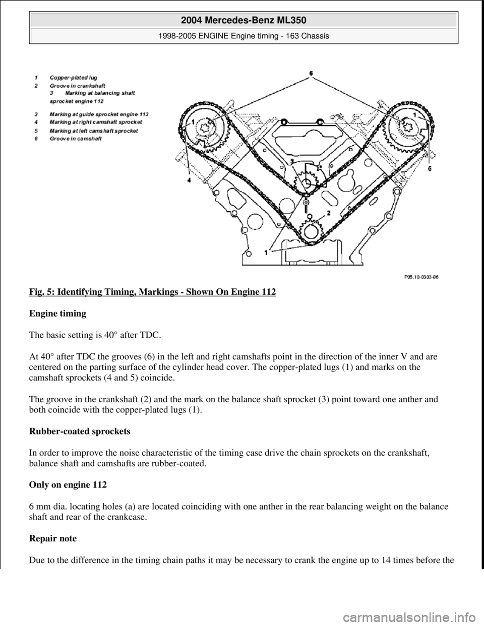 MERCEDES-BENZ ML320 1997 Complete Repair Manual Fig. 5: Identifying Timing, Markings - Shown On Engine 112
Engine timing
The basic setting is 40° after TDC.
At 40° after TDC the grooves (6) in th e left and right camshafts point in the d MERCEDES-BENZ ML320 1997 Complete Repair Manual Fig. 5: Identifying Timing, Markings - Shown On Engine 112
Engine timing
The basic setting is 40° after TDC.
At 40° after TDC the grooves (6) in th e left and right camshafts point in the d