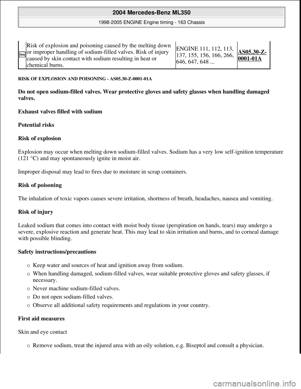 MERCEDES-BENZ ML320 1997 Complete Repair Manual RISK OF EXPLOSION AND PO ISONING - AS05.30-Z-0001-01A
Do not open sodium-filled valves. Wear protectiv e gloves and safety glasses when handling damaged
valves.
Exhaust valves fill ed with so MERCEDES-BENZ ML320 1997 Complete Repair Manual RISK OF EXPLOSION AND PO ISONING - AS05.30-Z-0001-01A
Do not open sodium-filled valves. Wear protectiv e gloves and safety glasses when handling damaged
valves.
Exhaust valves fill ed with so