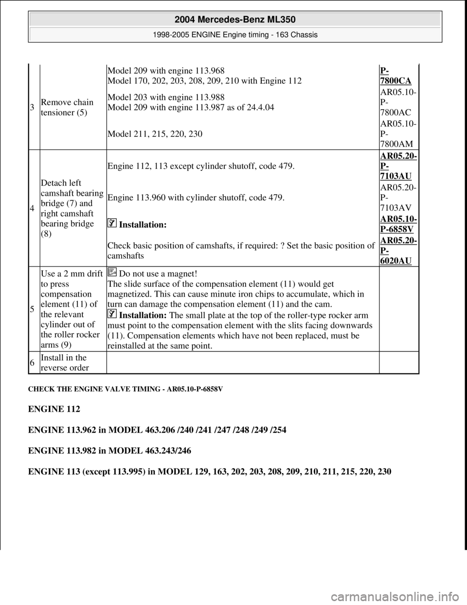 MERCEDES-BENZ ML320 1997 Complete Repair Manual CHECK THE ENGINE VALV E TIMING - AR05.10-P-6858V
ENGINE 112
ENGINE 113.962 in MODEL 463.206 /240 /241 /247 /248 /249 /254
ENGINE 113.982 in MODEL 463.243/246
ENGINE 113 (except 113.995) MERCEDES-BENZ ML320 1997 Complete Repair Manual CHECK THE ENGINE VALV E TIMING - AR05.10-P-6858V
ENGINE 112
ENGINE 113.962 in MODEL 463.206 /240 /241 /247 /248 /249 /254
ENGINE 113.982 in MODEL 463.243/246
ENGINE 113 (except 113.995)