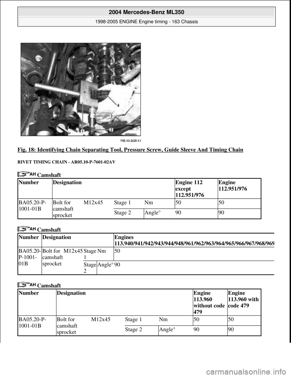 MERCEDES-BENZ ML320 1997  Complete Repair Manual Fig. 18: Identifying Chain Separating Tool, P ressure Screw, Guide Sleeve And Timing Chain 
RIVET TIMING CHAIN - AR05.10-P-7601-02AV 
 Camshaft  
 Camshaft    
 Camshaft   
NumberDesignationEngine 112