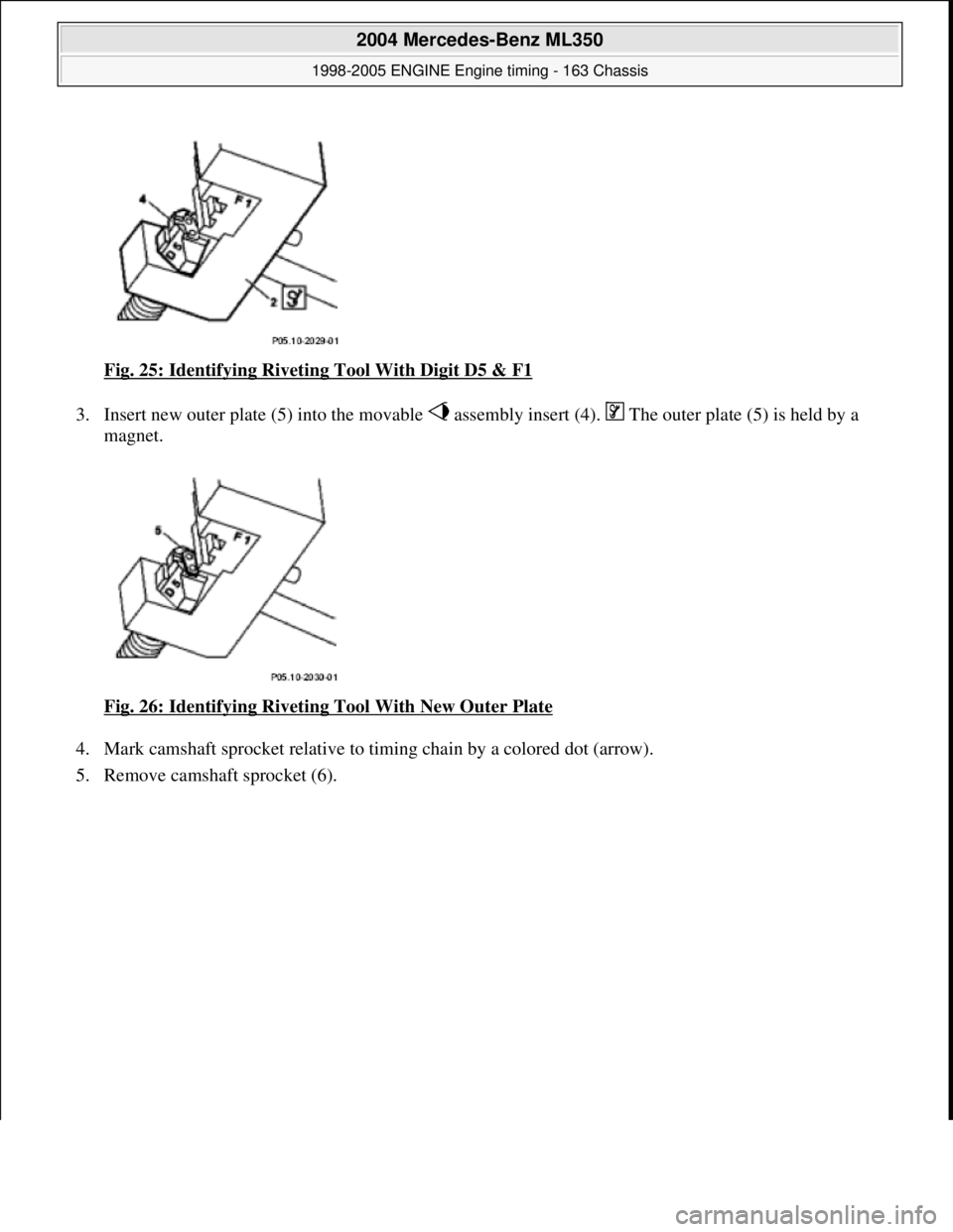 MERCEDES-BENZ ML320 1997  Complete Repair Manual Fig. 25: Identifying Riveting Tool With Digit D5 & F1  
3. Insert new outer plate (5) into the movable   assemb  ly insert (4).   The outer plate (5) is held by a  
magnet.  
Fig. 26: Identifying Rive