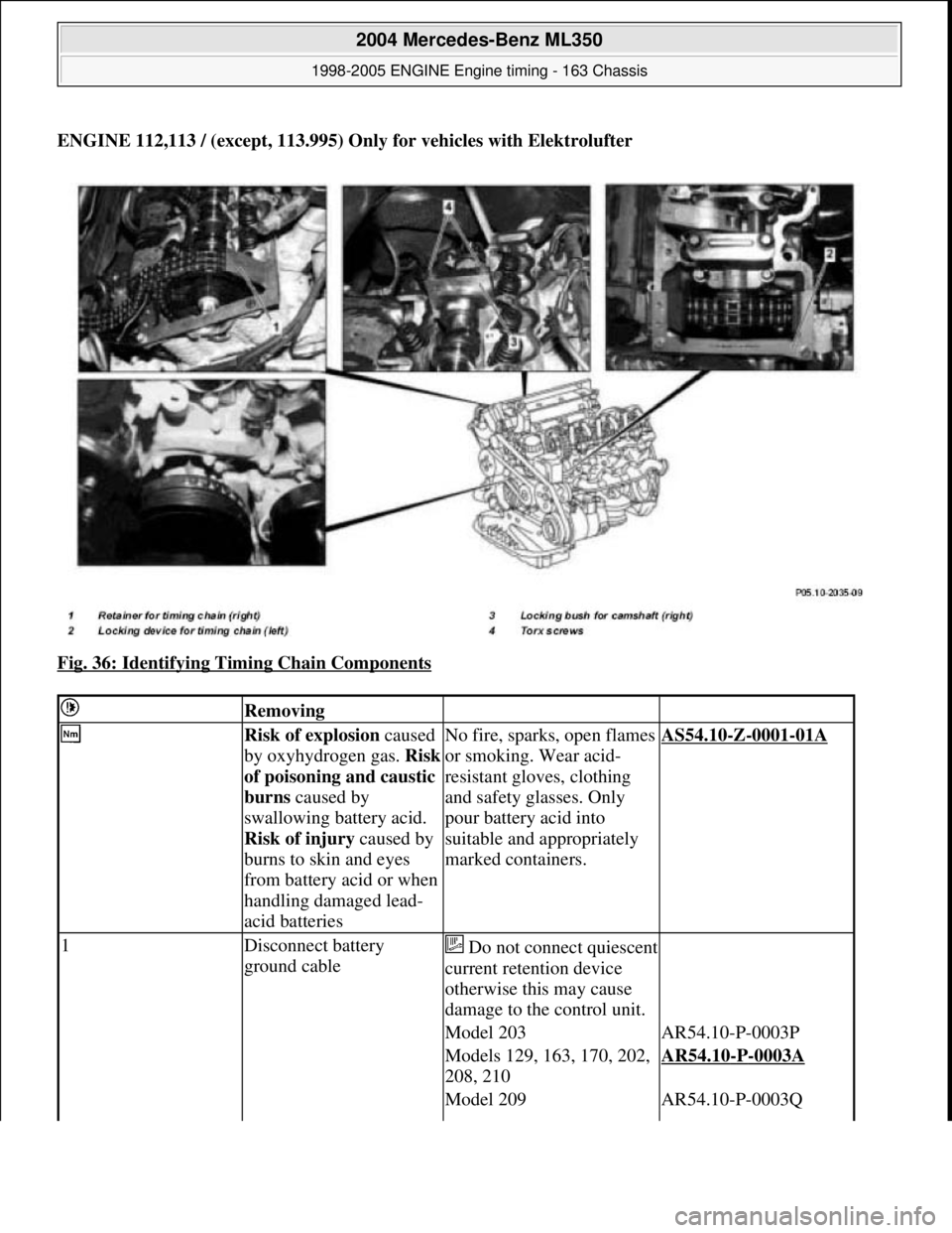 MERCEDES-BENZ ML320 1997  Complete Repair Manual ENGINE 112,113 / (except, 113.995) Only for vehicles with Elektrolufter 
Fig. 36: Identifying Timing Chain Components
 
 Removing  
 Risk of explosion   caused  
by oxyhydrogen gas.   Risk  
of poison