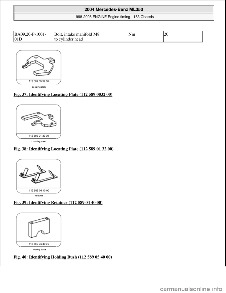 MERCEDES-BENZ ML320 1997  Complete Repair Manual Fig. 37: Identifying Locating Plate (112 589 0032 00)  
Fig. 38: Identifying Locating Plate (112 589 01 32 00)
  
Fig. 39: Identifying Retainer (112 589 04 40 00)
  
Fig. 40: Identifying Holding Bush 