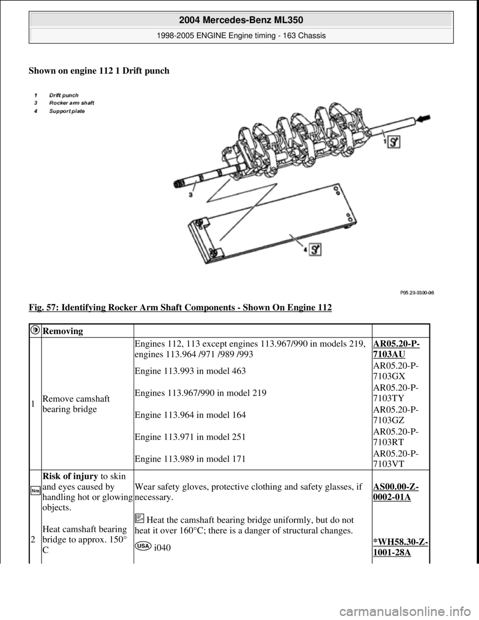 MERCEDES-BENZ ML320 1997 Complete Repair Manual Shown on engine 112 1 Drift punch
Fig. 57: Identifying Rocker Arm Shaft Components
- Shown On Engine 112
Removing
1Remove camshaft
bearing bridge
Engines 112, 113 except engine s 113.967 MERCEDES-BENZ ML320 1997 Complete Repair Manual Shown on engine 112 1 Drift punch
Fig. 57: Identifying Rocker Arm Shaft Components
- Shown On Engine 112
Removing
1Remove camshaft
bearing bridge
Engines 112, 113 except engine s 113.967