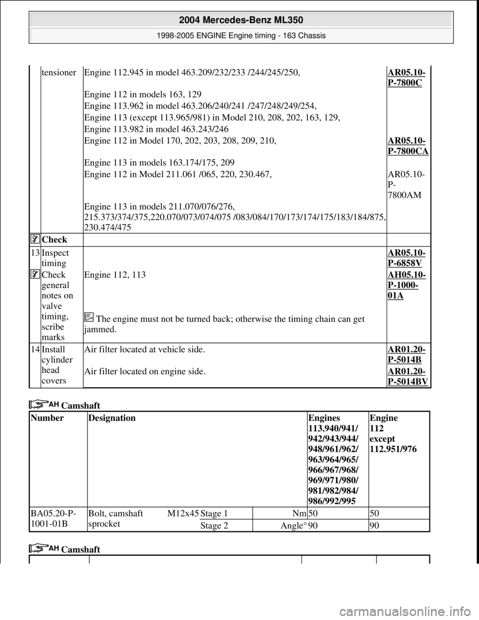MERCEDES-BENZ ML320 1997  Complete Repair Manual  Camshaft   
 Camshaft   
tensionerEngine 112.945 in model 463.209/232/233 /244/245/250,AR05.10-
P-7800C
Engine 112 in models 163, 129 
Engine 113.962 in model 463.206/240/241 /247/248/249/254, 
Engin