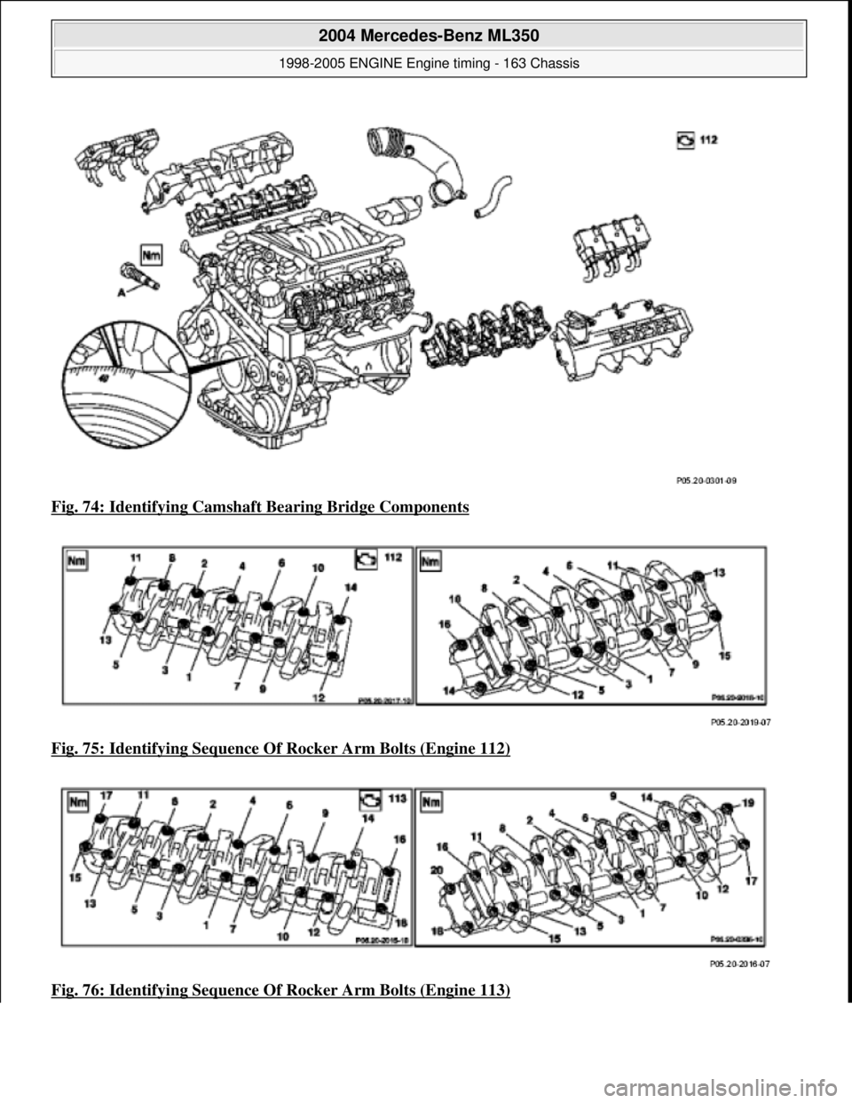 MERCEDES-BENZ ML320 1997  Complete Repair Manual Fig. 74: Identifying Camshaft  Bearing Bridge Components  
Fig. 75: Identifying Sequence Of   Rocker Arm Bolts (Engine 112)
  
Fig. 76: Identifying Sequence Of   Rocker Arm Bolts (Engine 113)
 
2004 M