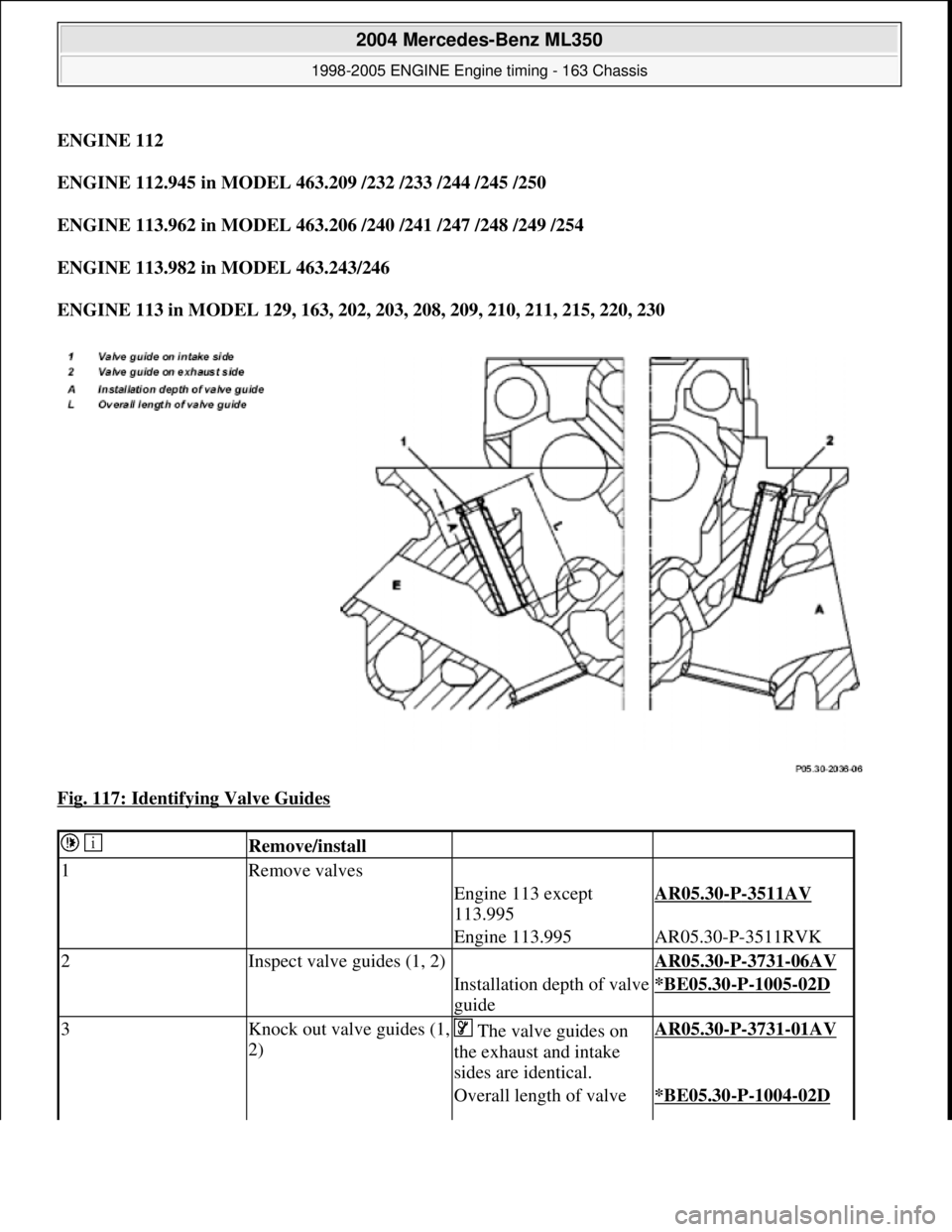 MERCEDES-BENZ ML320 1997  Complete Repair Manual ENGINE 112    
ENGINE 112.945 in MODEL 463.209 /232 /233 /244 /245 /250     
ENGINE 113.962 in MODEL 463.206 /240 /241 /247 /248 /249 /254     
ENGINE 113.982 in MODEL 463.243/246     
ENGINE 113 in M