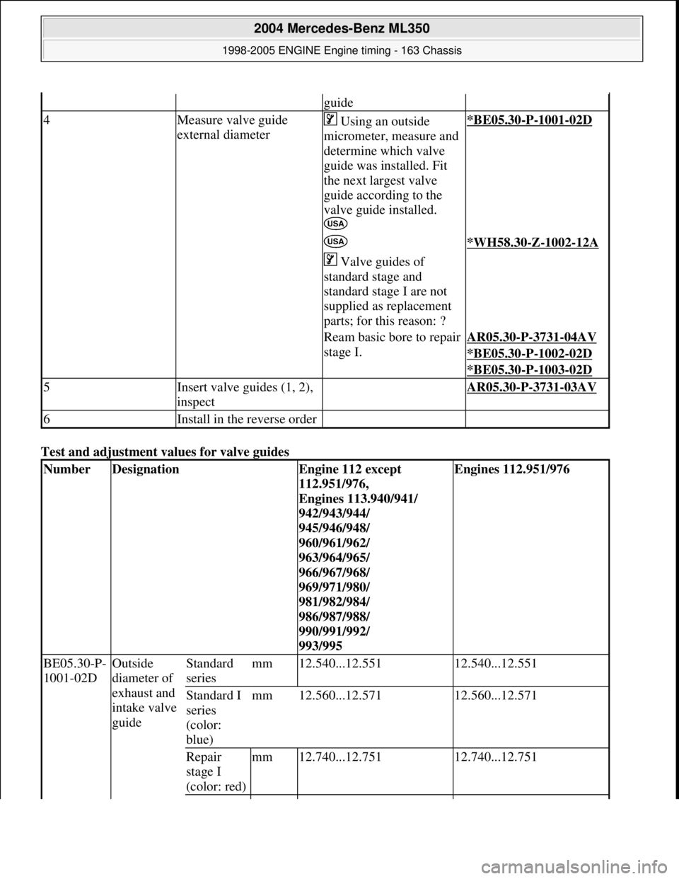 MERCEDES-BENZ ML320 1997 Complete Repair Manual Test and adjustment values for valve guides
guide
4Measure valve guide
external diameter Using an outside
micrometer, measure and
determine which valve
guide was installed. Fit
the next lar MERCEDES-BENZ ML320 1997 Complete Repair Manual Test and adjustment values for valve guides
guide
4Measure valve guide
external diameter Using an outside
micrometer, measure and
determine which valve
guide was installed. Fit
the next lar