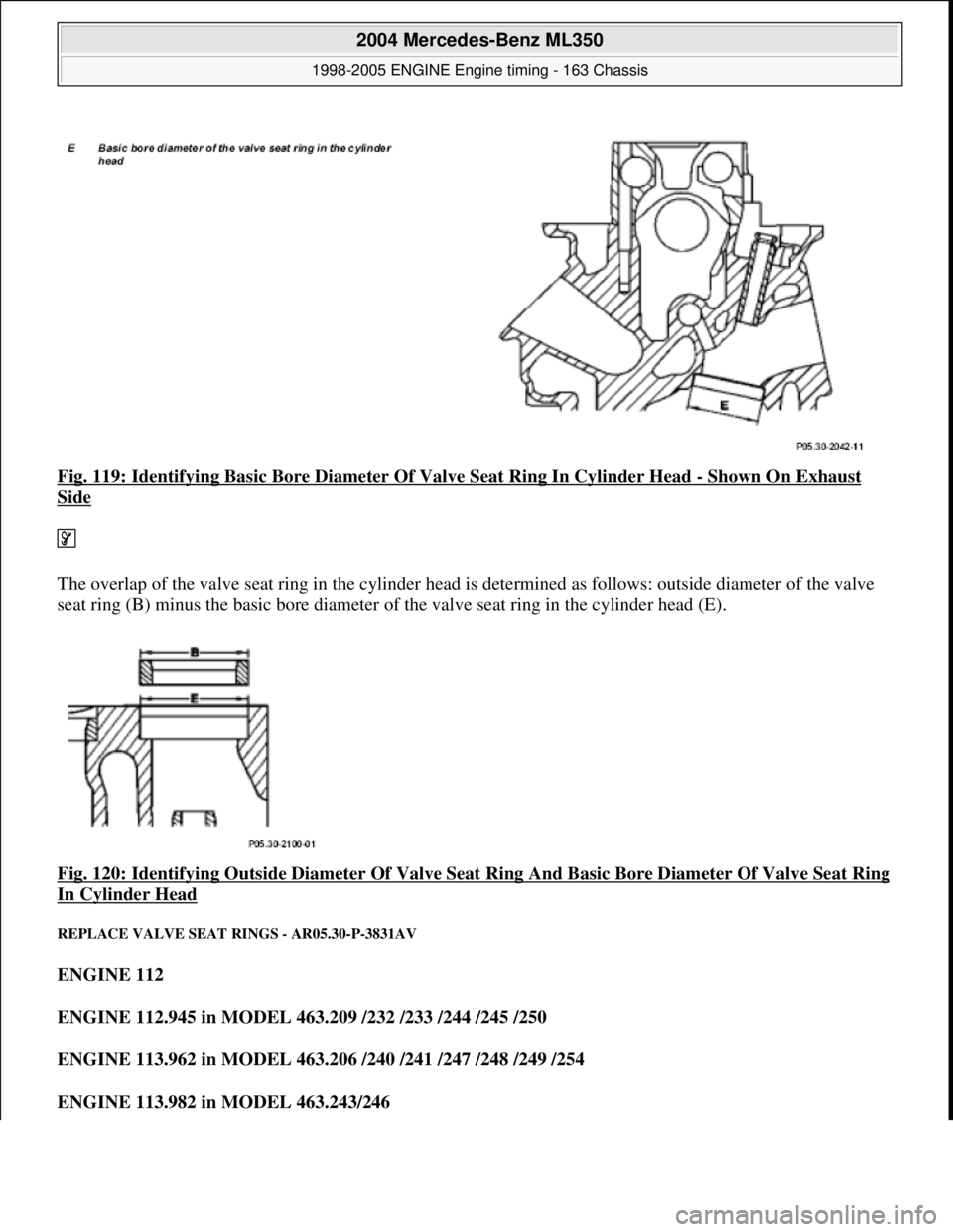 MERCEDES-BENZ ML320 1997  Complete Repair Manual Fig. 119: Identifying Basic Bore Diameter  Of Valve Seat Ring In Cylinder Head - Shown On Exhaust 
Side  
   
The overlap of the valve seat ring in the cylinder head is   determined as follows: outsid