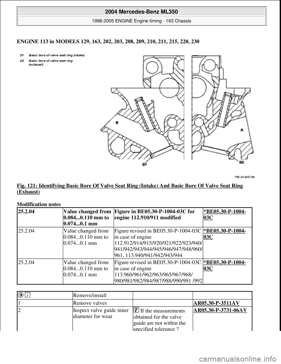 MERCEDES-BENZ ML320 1997 Complete Repair Manual ENGINE 113 in MODELS 129, 163, 202, 203, 208, 209, 210, 211, 215, 220, 230
Fig. 121: Identifying Basic Bore Of Valve Seat Ring (Intake) And Basic Bore Of Valve Seat Ring
(Exhaust)
Modificatio MERCEDES-BENZ ML320 1997 Complete Repair Manual ENGINE 113 in MODELS 129, 163, 202, 203, 208, 209, 210, 211, 215, 220, 230
Fig. 121: Identifying Basic Bore Of Valve Seat Ring (Intake) And Basic Bore Of Valve Seat Ring
(Exhaust)
Modificatio