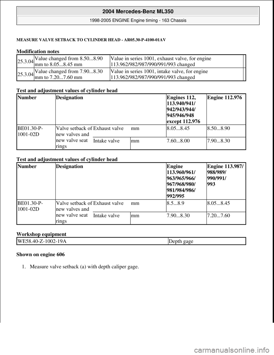 MERCEDES-BENZ ML320 1997 Complete Repair Manual MEASURE VALVE SETBACK TO CYLI NDER HEAD - AR05.30-P-4100-01AV
Modification notes
Test and adjustment values of cylinder head
Test and adjustment values of cylinder head
Workshop equipment MERCEDES-BENZ ML320 1997 Complete Repair Manual MEASURE VALVE SETBACK TO CYLI NDER HEAD - AR05.30-P-4100-01AV
Modification notes
Test and adjustment values of cylinder head
Test and adjustment values of cylinder head
Workshop equipment
