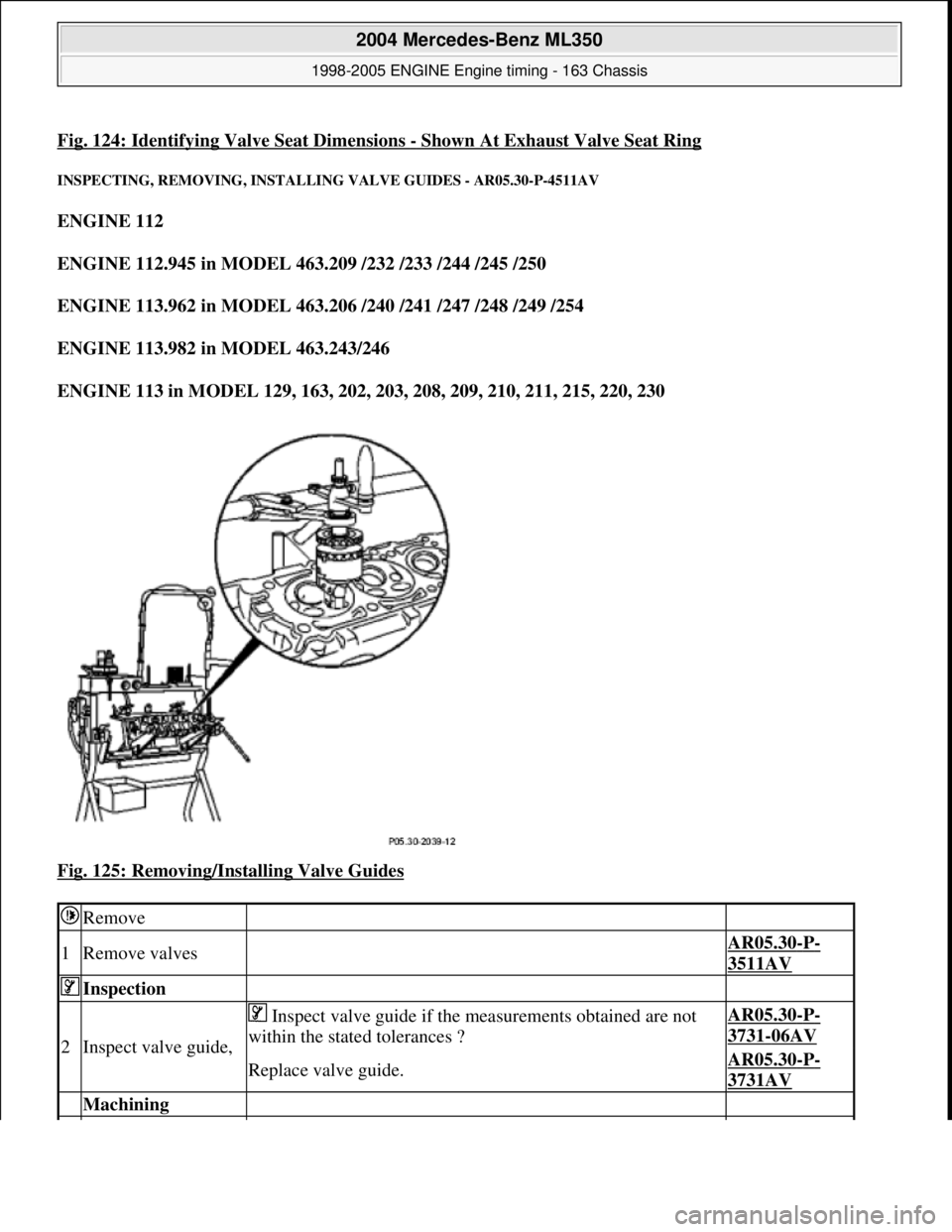 MERCEDES-BENZ ML320 1997  Complete Repair Manual Fig. 124: Identifying Valve Seat Dimensions -Shown At Exhaust Valve Seat Ring 
INSPECTING, REMOVING , INSTALLING VALVE GUIDES - AR05.30-P-4511AV 
ENGINE 112   
ENGINE 112.945 in MODEL 463.209 /232 /23