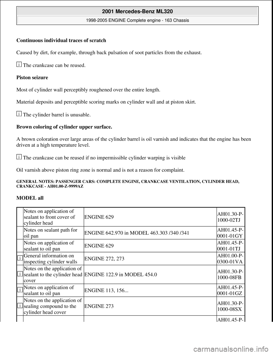 MERCEDES-BENZ ML320 1997 Complete Repair Manual Continuous individual traces of scratch
Caused by dirt, for example, through back pul sation of soot particles from the exhaust.
The crankcase can be reused.
Piston seizure
Most of cyli MERCEDES-BENZ ML320 1997 Complete Repair Manual Continuous individual traces of scratch
Caused by dirt, for example, through back pul sation of soot particles from the exhaust.
The crankcase can be reused.
Piston seizure
Most of cyli