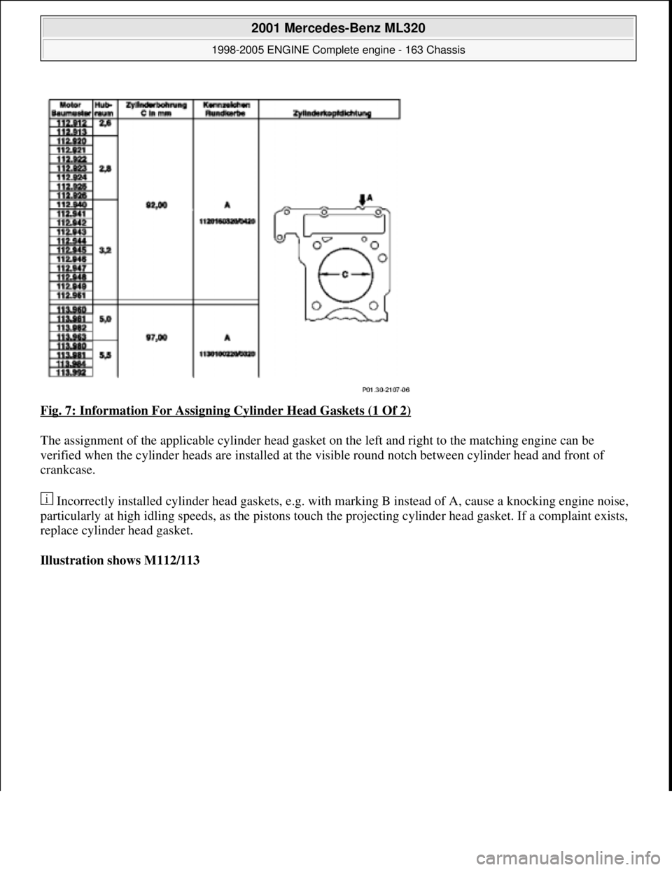 MERCEDES-BENZ ML320 1997  Complete Repair Manual Fig. 7: Information For Assigning  Cylinder Head Gaskets (1 Of 2)  
The assignment of the applicable cylinder head gasket   on the left and right to the matching engine can be  
verified when the cyli