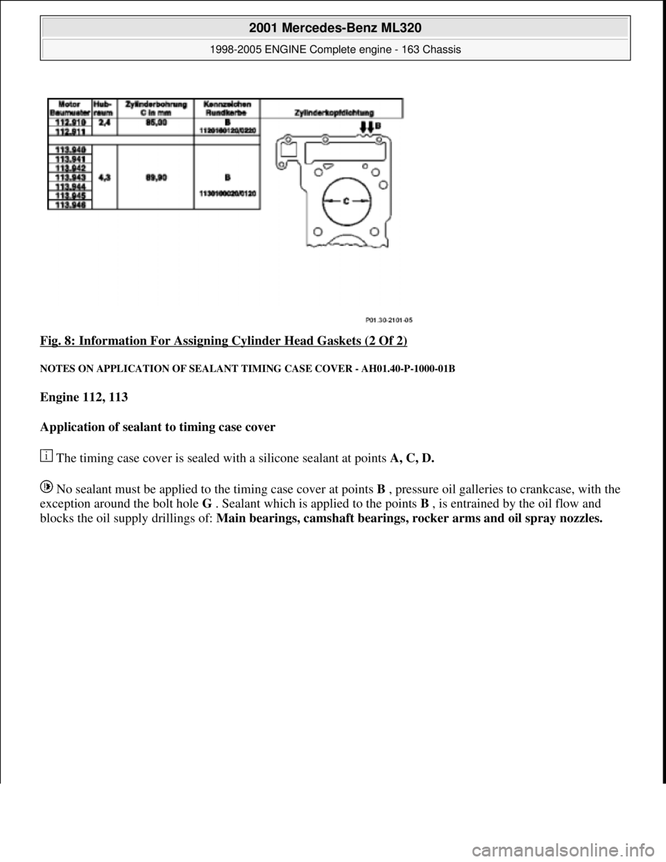 MERCEDES-BENZ ML320 1997  Complete Repair Manual Fig. 8: Information For Assigning  Cylinder Head Gaskets (2 Of 2) 
NOTES ON APPLICATION OF SEALANT TIMING CASE COVER - AH01.40-P-1000-01B 
Engine 112, 113   
Application of sealant to timing case cove