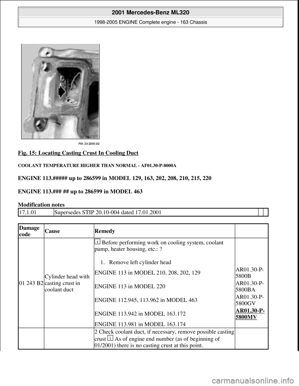 MERCEDES-BENZ ML320 1997  Complete Repair Manual Fig. 15: Locating Casting Crust In Cooling Duct 
COOLANT TEMPERATURE HIGHER  THAN NORMAL - AF01.30-P-8000A 
ENGINE 113.##### up to 286599 in MODEL 129, 163, 202, 208, 210, 215, 220    
ENGINE 113.### 