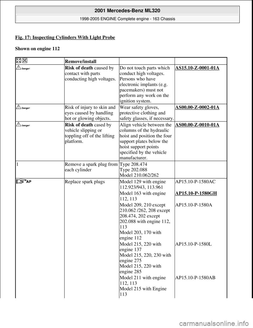 MERCEDES-BENZ ML320 1997  Complete Repair Manual Fig. 17: Inspecting Cylinders With Light Probe
Shown on engine 112   
  Remove/install  
 Risk of death caused by  
contact with parts  
conducting high voltages.Do not touch parts which  
conduct hig