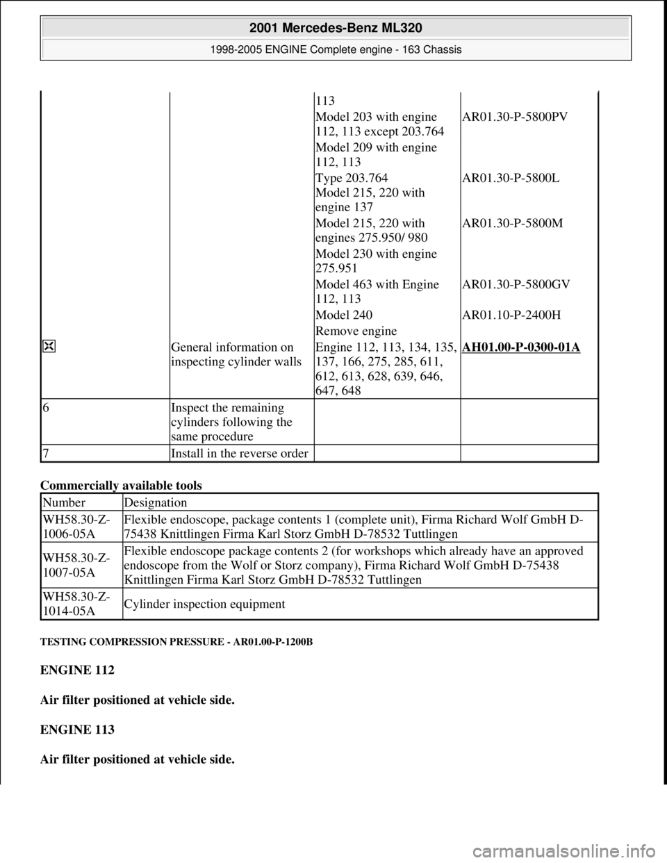 MERCEDES-BENZ ML320 1997  Complete Repair Manual Commercially available tools  
TESTING COMPRESSION PR ESSURE - AR01.00-P-1200B 
ENGINE 112   
Air filter positioned at vehicle side.     
ENGINE 113     
Air filter positioned at vehicle side.    
113