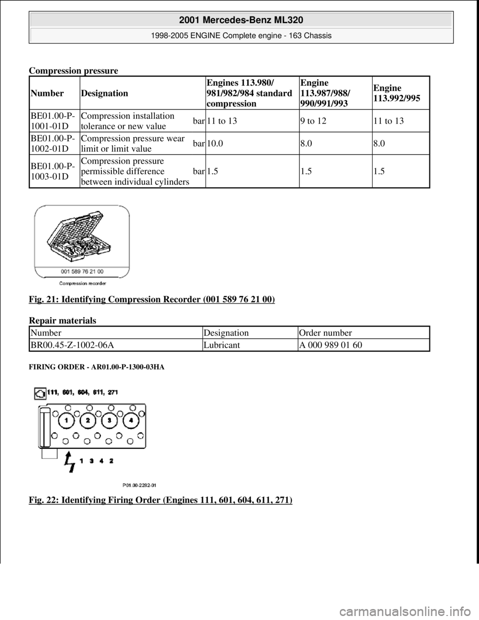 MERCEDES-BENZ ML320 1997  Complete Repair Manual Compression pressure   
Fig. 21: Identifying Compression Recorder (001 589 76 21 00)
  
Repair materials   
FIRING ORDER - AR01.00-P-1300-03HA 
Fig. 22: Identifying Firing Order (Engines 111, 601, 604
