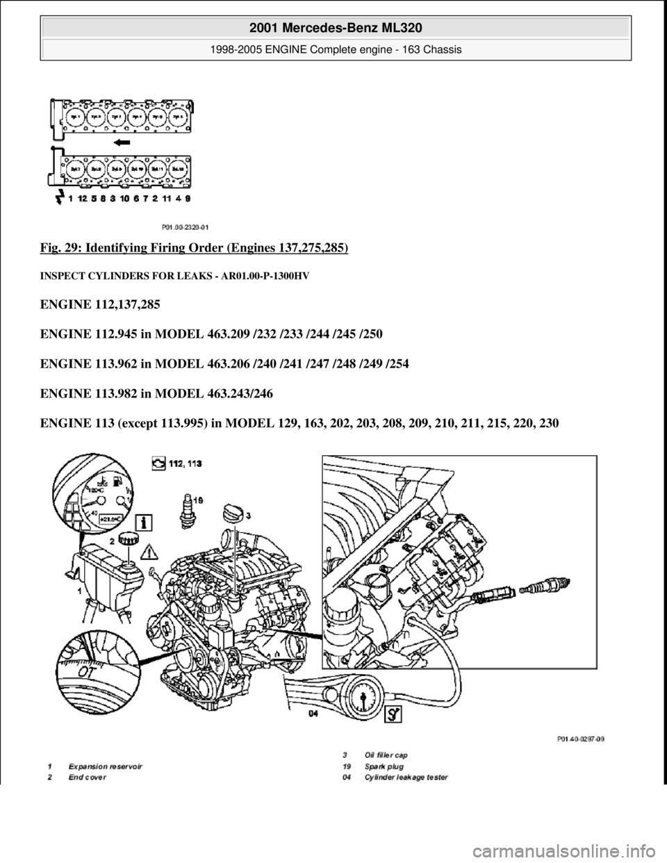 MERCEDES-BENZ ML320 1997  Complete Repair Manual Fig. 29: Identifying Firing Order (Engines 137,275,285) 
INSPECT CYLINDERS FO R LEAKS - AR01.00-P-1300HV 
ENGINE 112,137,285   
ENGINE 112.945 in MODEL 463.209 /232 /233 /244 /245 /250     
ENGINE 113