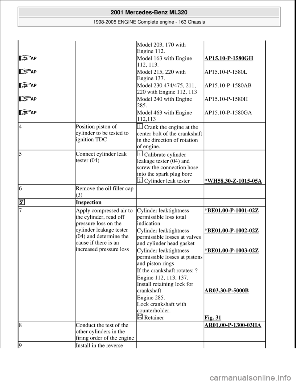 MERCEDES-BENZ ML320 1997 Complete Repair Manual Model 203, 170 with
Engine 112.
Model 163 with Engine
112, 113.AP15.10-P-1580GH
Model 215, 220 with
Engine 137.AP15.10-P-1580L
Model 230.474/475, 211,
220 with Engine 112, 113AP15.10-P-158 MERCEDES-BENZ ML320 1997 Complete Repair Manual Model 203, 170 with
Engine 112.
Model 163 with Engine
112, 113.AP15.10-P-1580GH
Model 215, 220 with
Engine 137.AP15.10-P-1580L
Model 230.474/475, 211,
220 with Engine 112, 113AP15.10-P-158