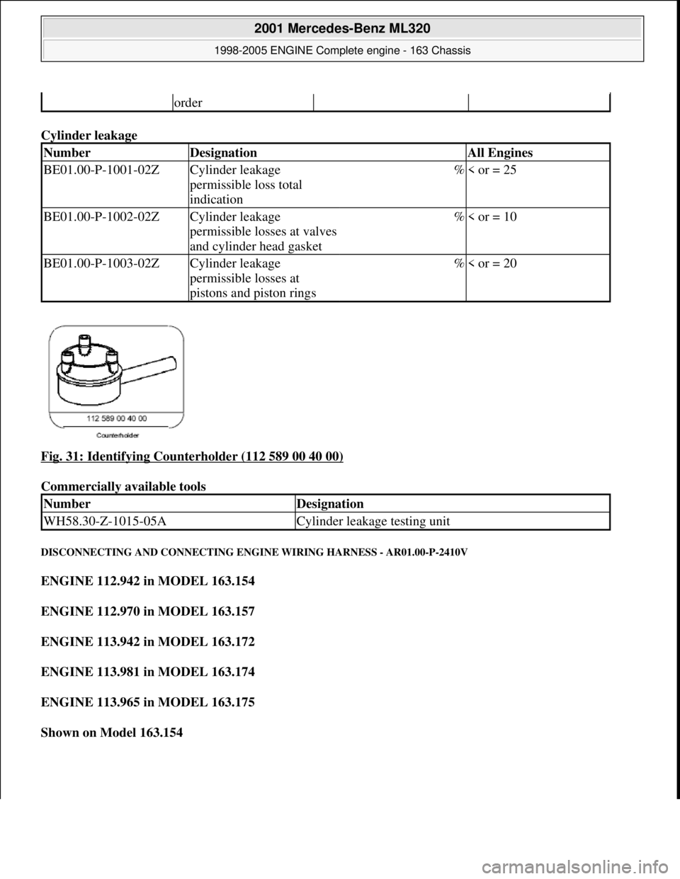 MERCEDES-BENZ ML320 1997  Complete Repair Manual Cylinder leakage   
Fig. 31: Identifying Counterholder (112 589 00 40 00)
  
Commercially available tools   
DISCONNECTING AND CONN ECTING ENGINE WIRING HARNESS - AR01.00-P-2410V 
ENGINE 112.942 in MO