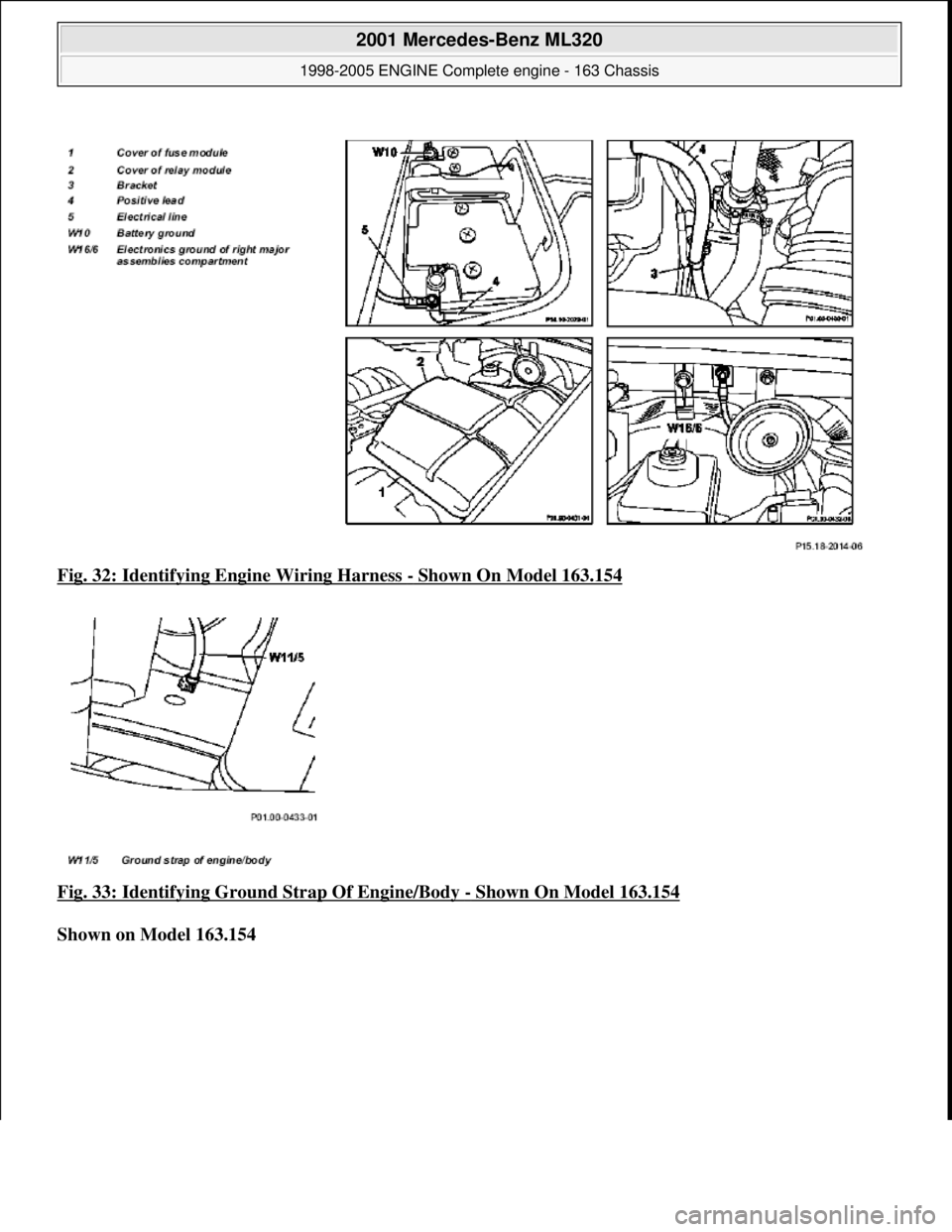 MERCEDES-BENZ ML320 1997  Complete Repair Manual Fig. 32: Identifying Engine Wiring Harness - Shown On Model 163.154  
Fig. 33: Identifying Ground Strap Of Engine/Body 
- Shown On Model 163.154  
Shown on Model 163.154    
 
2001 Mercedes-Benz ML320