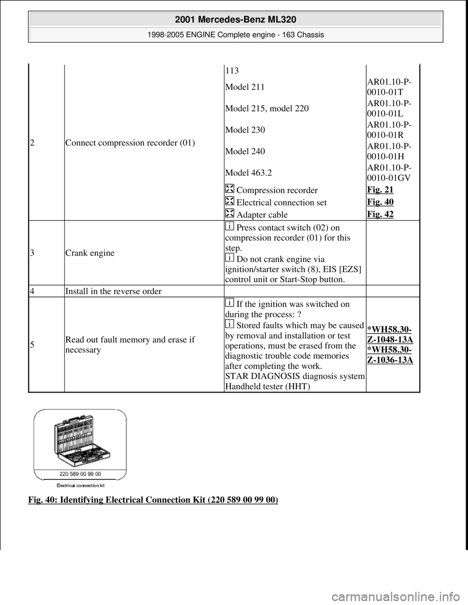 MERCEDES-BENZ ML320 1997 Complete Repair Manual Fig. 40: Identifying Electrical Connection Kit (220 589 00 99 00)
2Connect compression recorder (01)
113
Model 211AR01.10-P-
0010-01T
Model 215, model 220AR01.10-P-
0010-01L
Model 230AR01.10-P-
0010- MERCEDES-BENZ ML320 1997 Complete Repair Manual Fig. 40: Identifying Electrical Connection Kit (220 589 00 99 00)
2Connect compression recorder (01)
113
Model 211AR01.10-P-
0010-01T
Model 215, model 220AR01.10-P-
0010-01L
Model 230AR01.10-P-
0010-