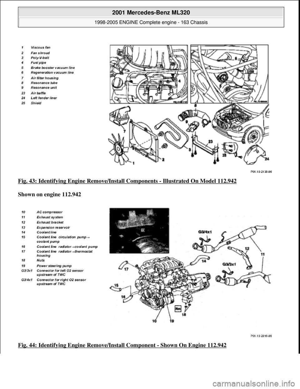 MERCEDES-BENZ ML320 1997  Complete Repair Manual Fig. 43: Identifying Engine  Remove/Install Components - Illustrated On Model 112.942  
Shown on engine 112.942     
Fig. 44: Identifying Engine   Remove/Install Component 
- Shown On Engine 112.942 

