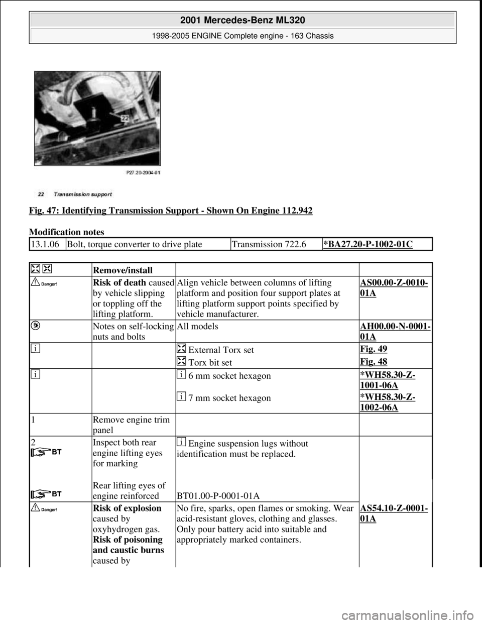 MERCEDES-BENZ ML320 1997 Complete Repair Manual Fig. 47: Identifying Transmission Support - Shown On Engine 112.942
Modification notes
13.1.06Bolt, torque converter to drive plateTransmission 722.6*BA27.20-P-1002-01C
Remove/install
Risk MERCEDES-BENZ ML320 1997 Complete Repair Manual Fig. 47: Identifying Transmission Support - Shown On Engine 112.942
Modification notes
13.1.06Bolt, torque converter to drive plateTransmission 722.6*BA27.20-P-1002-01C
Remove/install
Risk