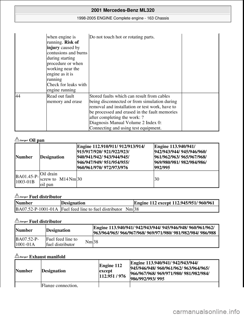 MERCEDES-BENZ ML320 1997 Complete Repair Manual Oil pan
Fuel distributor
Fuel distributor
Exhaust manifold
when engine is
running. Risk of
injury caused by
contusions and burns
during starting
procedure or when
work MERCEDES-BENZ ML320 1997 Complete Repair Manual Oil pan
Fuel distributor
Fuel distributor
Exhaust manifold
when engine is
running. Risk of
injury caused by
contusions and burns
during starting
procedure or when
work