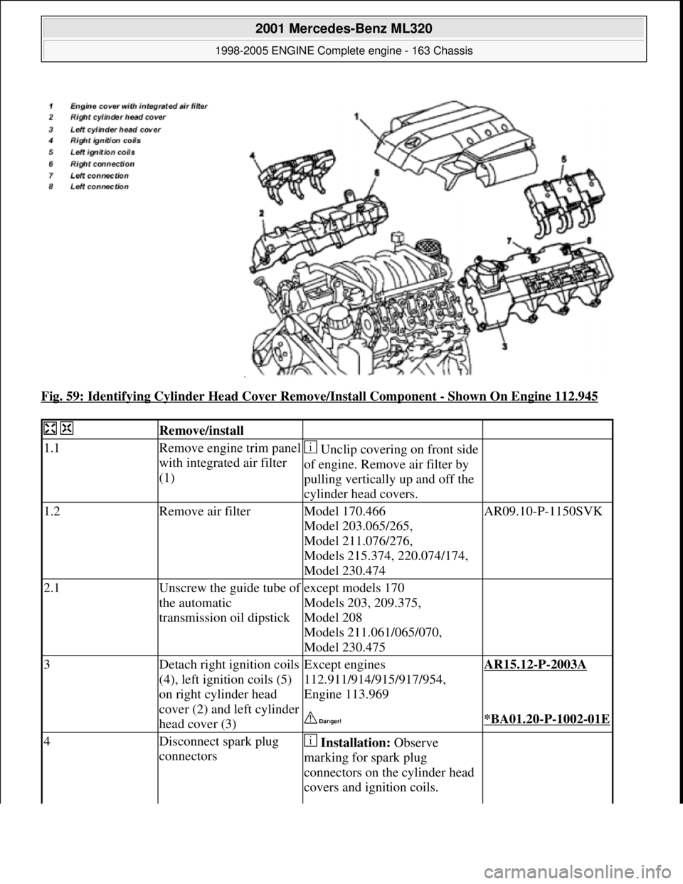 MERCEDES-BENZ ML320 1997 Complete Repair Manual Fig. 59: Identifying Cylinder Head Cover Remove/Install Component - Shown On Engine 112.945
Remove/install
1.1Remove engine trim panel
with integrated air filter
(1) Unclip covering on fron MERCEDES-BENZ ML320 1997 Complete Repair Manual Fig. 59: Identifying Cylinder Head Cover Remove/Install Component - Shown On Engine 112.945
Remove/install
1.1Remove engine trim panel
with integrated air filter
(1) Unclip covering on fron