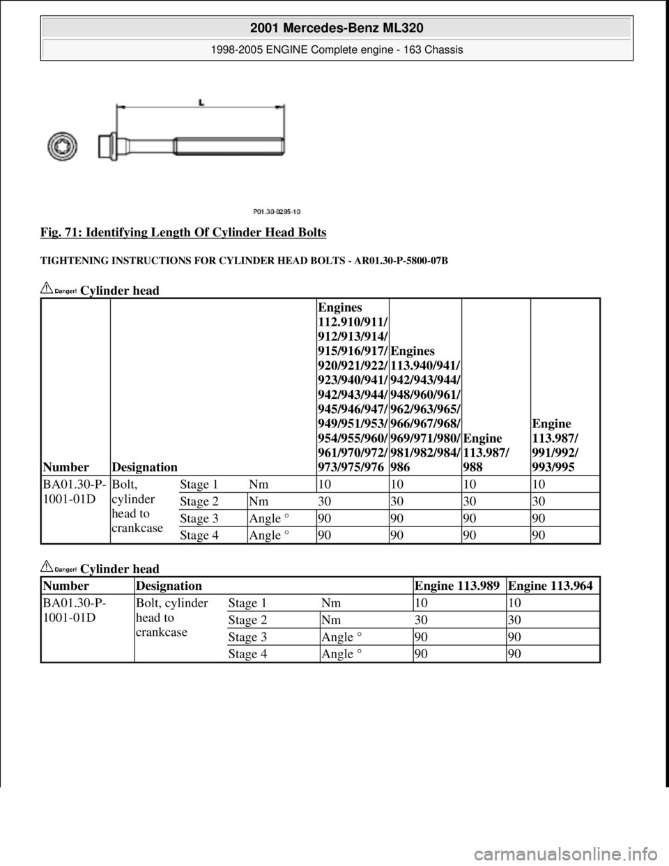 MERCEDES-BENZ ML320 1997  Complete Repair Manual Fig. 71: Identifying Length  Of Cylinder Head Bolts 
TIGHTENING INSTRUCTIO NS FOR CYLINDER HEAD BOLTS - AR01.30-P-5800-07B 
 Cylinder head  
 Cylinder head   
NumberDesignation
Engines  
112.910/911/ 