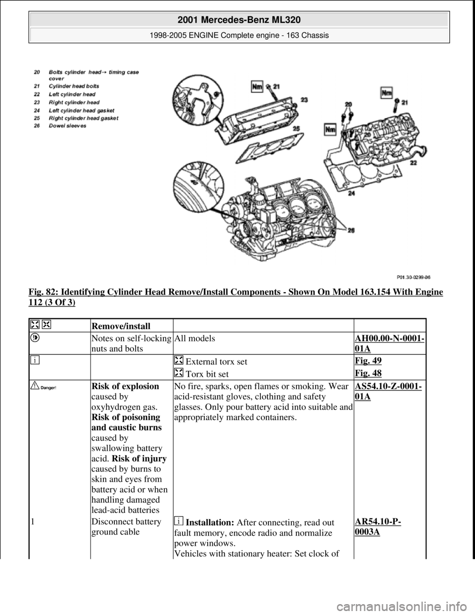 MERCEDES-BENZ ML320 1997 Complete Repair Manual Fig. 82: Identifying Cylinder Head Remove/Install Components - Shown On Model 163.154 With Engine
112 (3 Of 3)
Remove/install
Notes on self-locking
nuts and boltsAll modelsAH00.00-N-0001-
01 MERCEDES-BENZ ML320 1997 Complete Repair Manual Fig. 82: Identifying Cylinder Head Remove/Install Components - Shown On Model 163.154 With Engine
112 (3 Of 3)
Remove/install
Notes on self-locking
nuts and boltsAll modelsAH00.00-N-0001-
01