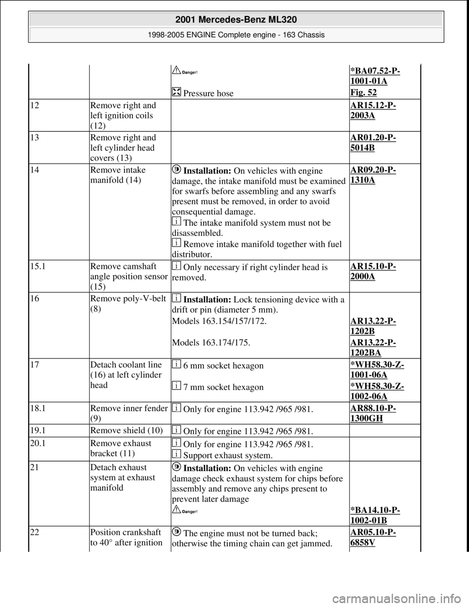 MERCEDES-BENZ ML320 1997 Complete Repair Manual *BA07.52-P-
1001-01A
Pressure hoseFig. 52
12Remove right and
left ignition coils
(12) AR15.12-P-
2003A
13Remove right and
left cylinder head
covers (13) AR01.20-P-
5014B
14Remove intake
ma MERCEDES-BENZ ML320 1997 Complete Repair Manual *BA07.52-P-
1001-01A
Pressure hoseFig. 52
12Remove right and
left ignition coils
(12) AR15.12-P-
2003A
13Remove right and
left cylinder head
covers (13) AR01.20-P-
5014B
14Remove intake
ma