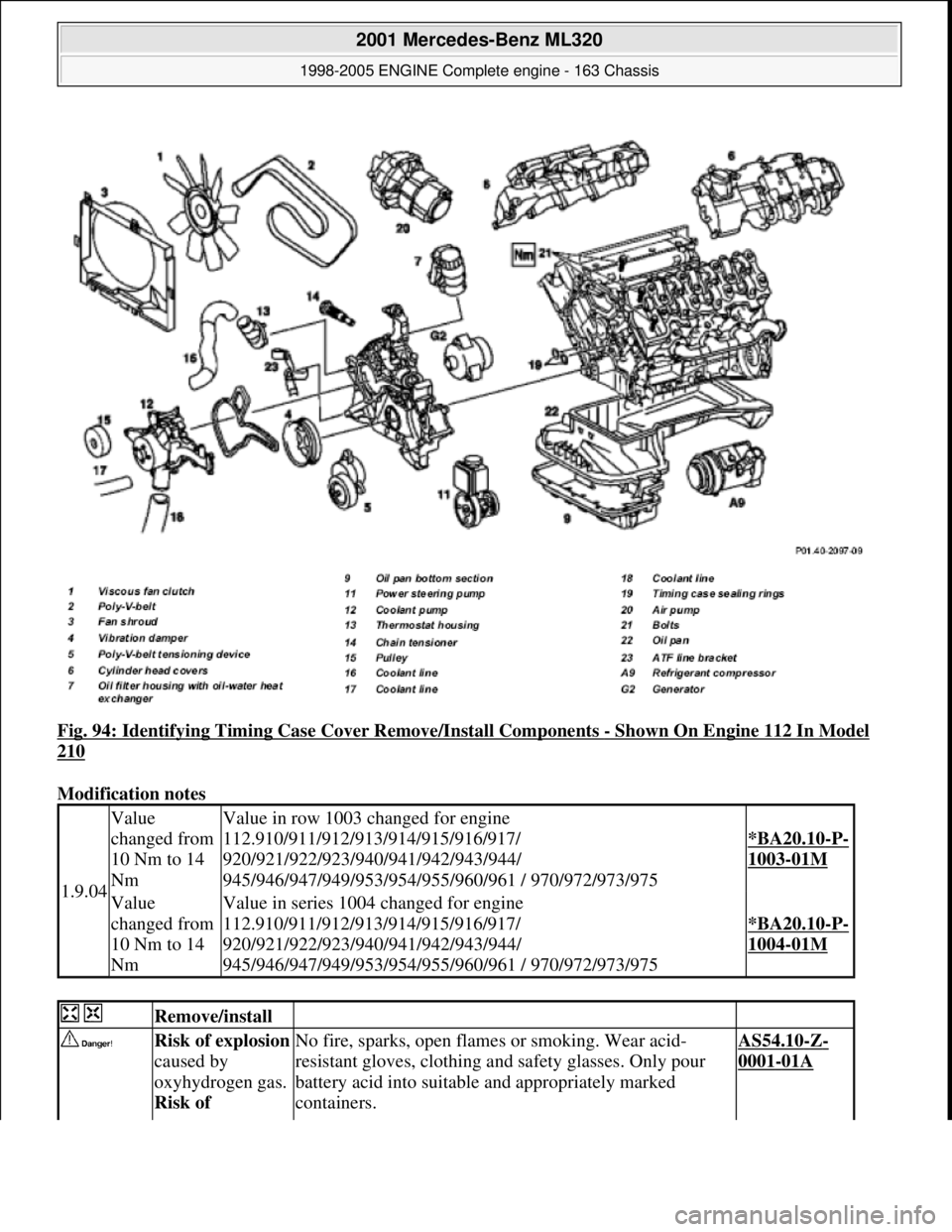 MERCEDES-BENZ ML320 1997  Complete Repair Manual Fig. 94: Identifying Timing Case  Cover Remove/Install Components - Shown On Engine 112 In Model 
210  
Modification notes   
1.9.04
Value  
changed from  
10 Nm to 14  
NmValue in row 1003 changed fo