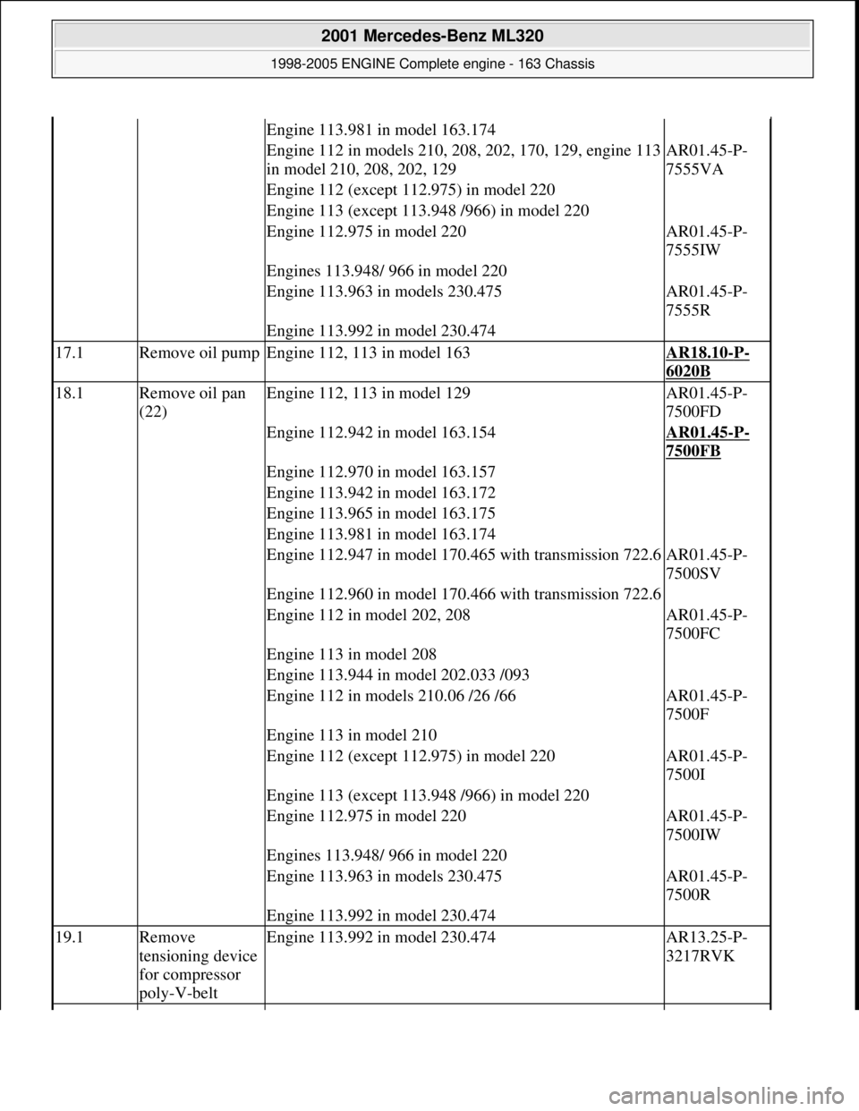 MERCEDES-BENZ ML320 1997 Complete Repair Manual Engine 113.981 in model 163.174
Engine 112 in models 210, 208, 202, 170, 129, engine 113
in model 210, 208, 202, 129AR01.45-P-
7555VA
Engine 112 (except 112.975) in model 220
Engine 113 (except 11 MERCEDES-BENZ ML320 1997 Complete Repair Manual Engine 113.981 in model 163.174
Engine 112 in models 210, 208, 202, 170, 129, engine 113
in model 210, 208, 202, 129AR01.45-P-
7555VA
Engine 112 (except 112.975) in model 220
Engine 113 (except 11