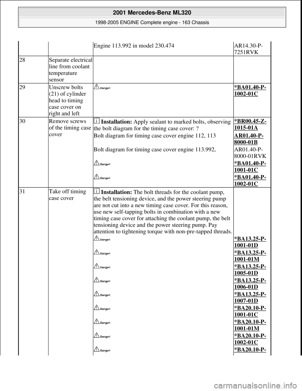 MERCEDES-BENZ ML320 1997 Complete Repair Manual Engine 113.992 in model 230.474AR14.30-P-
7251RVK
28Separate electrical
line from coolant
temperature
sensor
29Unscrew bolts
(21) of cylinder
head to timing
case cover on
right and lef MERCEDES-BENZ ML320 1997 Complete Repair Manual Engine 113.992 in model 230.474AR14.30-P-
7251RVK
28Separate electrical
line from coolant
temperature
sensor
29Unscrew bolts
(21) of cylinder
head to timing
case cover on
right and lef