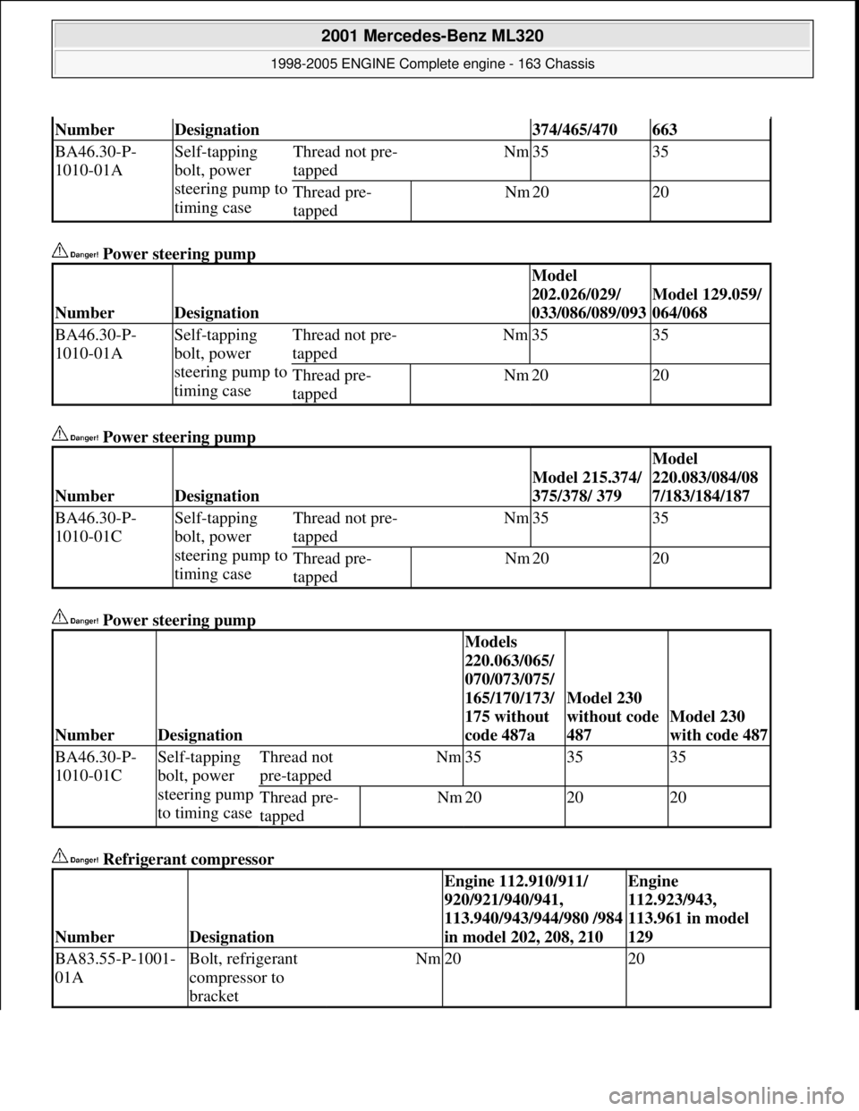MERCEDES-BENZ ML320 1997  Complete Repair Manual  Power steering pump   
 Power steering pump    
 Power steering pump    
 Refrigerant compressor   
NumberDesignation374/465/470663
BA46.30-P- 
1010-01ASelf-tapping 
bolt, power  
steering pump to  
