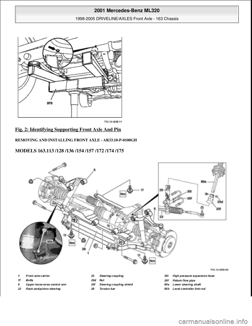 MERCEDES-BENZ ML320 1997  Complete Repair Manual Fig. 2: Identifying Supporting Front Axle And Pin 
REMOVING AND IN STALLING FRONT AXLE - AR33.10-P-0100GH 
MODELS 163.113 /128 /136 /154 /157 /172 /174 /175   
 
2001 Mercedes-Benz ML320 
1998-2005 DR