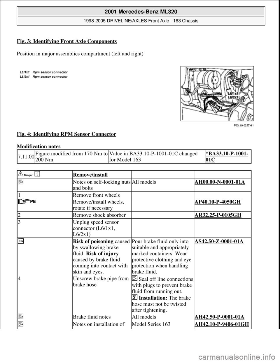 MERCEDES-BENZ ML320 1997  Complete Repair Manual Fig. 3: Identifying Front Axle Components
Position in major assemblies compartment (left and right) 
Fig. 4: Identifying RPM Sensor Connector
 
Modification notes 
7.11.00Figure modified from 170 Nm t