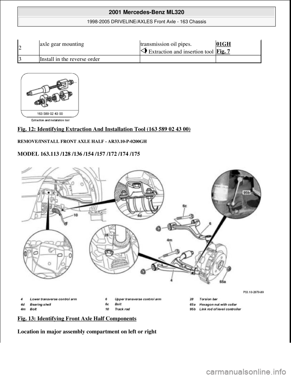 MERCEDES-BENZ ML320 1997  Complete Repair Manual Fig. 12: Identifying Extraction A nd Installation Tool (163 589 02 43 00) 
REMOVE/INSTALL FRONT AXLE  HALF - AR33.10-P-0200GH 
MODEL 163.113 /128 /136 /154 /157 /172 /174 /175    
Fig. 13: Identifying