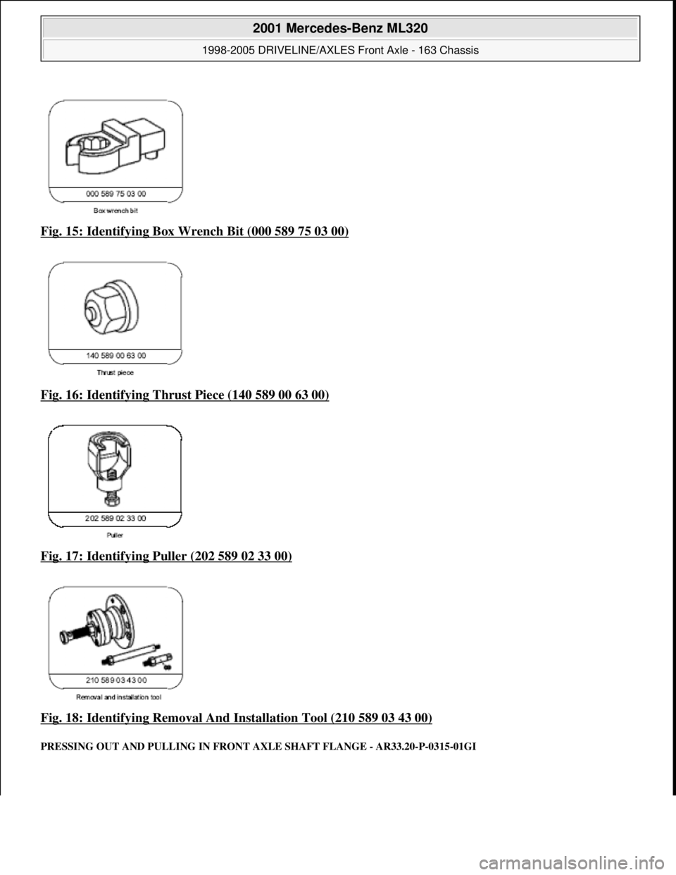 MERCEDES-BENZ ML320 1997  Complete Repair Manual Fig. 15: Identifying Box Wr ench Bit (000 589 75 03 00)  
Fig. 16: Identifying Thrust Piece (140 589 00 63 00)
  
Fig. 17: Identifying Puller (202 589 02 33 00)
  
Fig. 18: Identifying Removal And In 